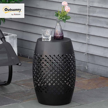 Outsunny 12" Steel Outdoor Side Table, Round Hollow Drum Patio End Table, Accent Table for Indoor and Outdoor, Black