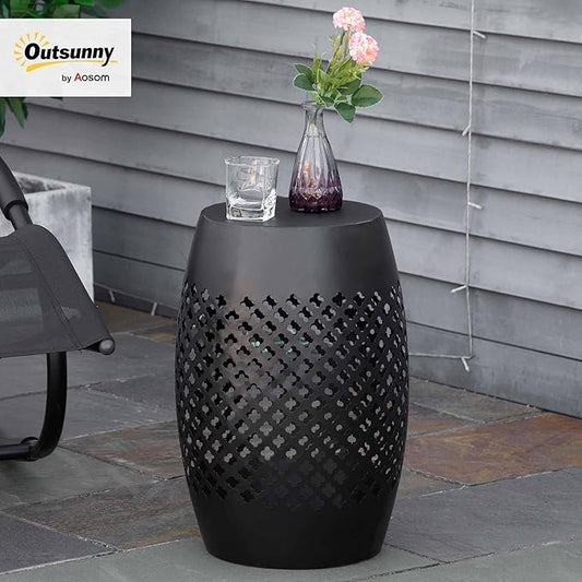 Outsunny 12" Steel Outdoor Side Table, Round Hollow Drum Patio End Table, Accent Table for Indoor and Outdoor, Black