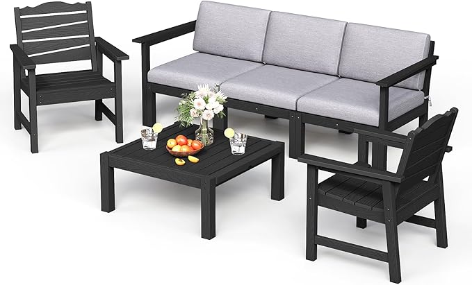 Patio Chairs, 6 Pieces Weatherproof HIPS Outdoor Furniture, Patio Chairs Seating Sets, Black