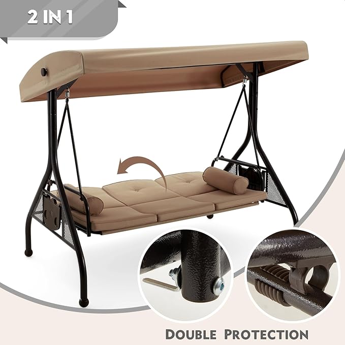 HOMREST 3 Seat Outdoor Porch Swing with Adjustable Canopy, Convertible Patio Swing Bed with Stand - Photo 2