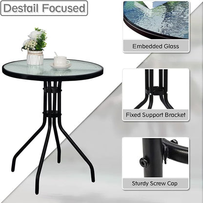 DIMAR GARDEN 24" Outdoor Side Table Patio Metal Round Bistro Coffee Table with Glass Top,Black