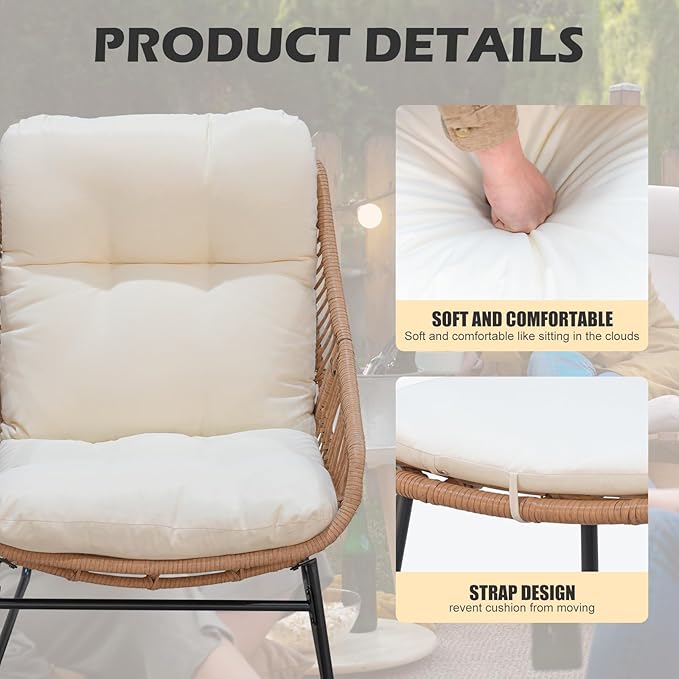 Outdoor Wicker Papasan Egg Chair with Ottoman, Patio Basket Lounge Chair Indoor Egg-Shaped Rattan Reading Lounger with Thick Cushion and Table for Living Room Bedroom Balcony Porch, Beige
