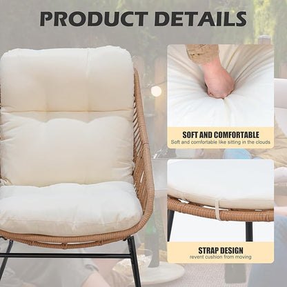 Outdoor Wicker Papasan Egg Chair with Ottoman, Patio Basket Lounge Chair Indoor Egg-Shaped Rattan Reading Lounger with Thick Cushion and Table for Living Room Bedroom Balcony Porch, Beige