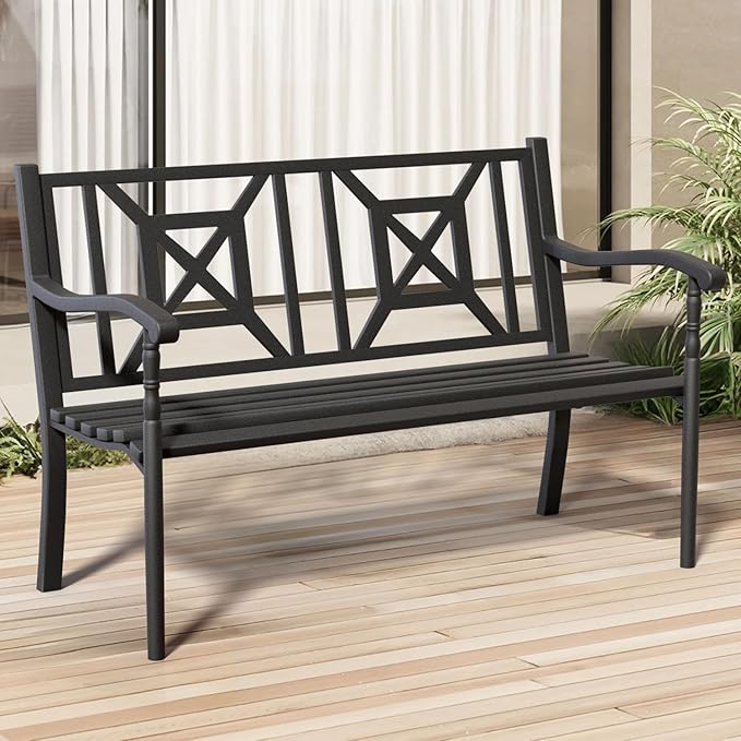 Metal Bench Patio Bench,Outdoor Benches Weatherproof with Lattice Backrest, Wrought Iron Garden Benches for Outdoors, Patio, Garden, Park