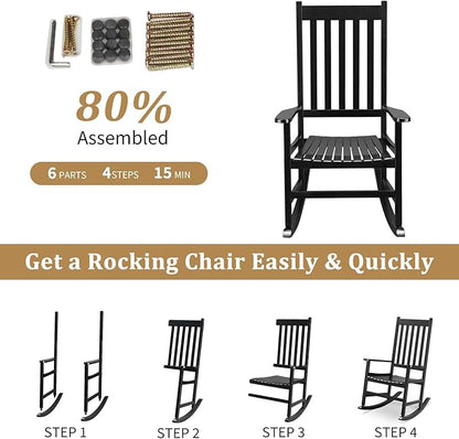 Outvita Outdoor Rocking Chair Set of 2, Solid Wood High Back Rocker, All Weather Lounge Chair for Porch Patio Fire Pit Garden Backyard Deck Indoor, Black