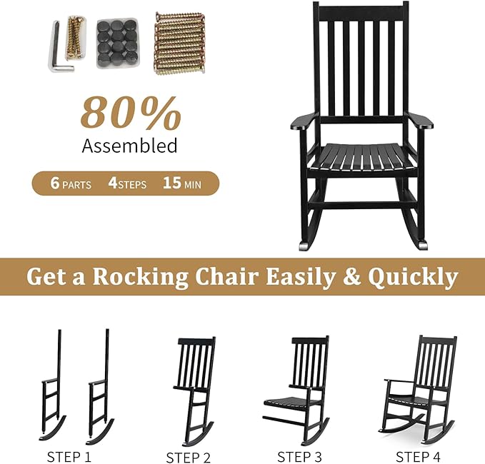 Outvita Outdoor Rocking Chair, Solid Wood High Back Rocker, All Weather Lounge Chair for Porch Patio Fire Pit Garden Backyard Deck Indoor, Black