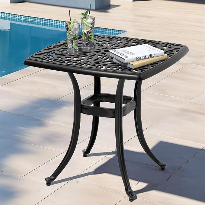 Outdoor Side Table Cast Aluminum Metal Table Weather Resistant Small Patio Table for Garden, Pool, Balcony Table