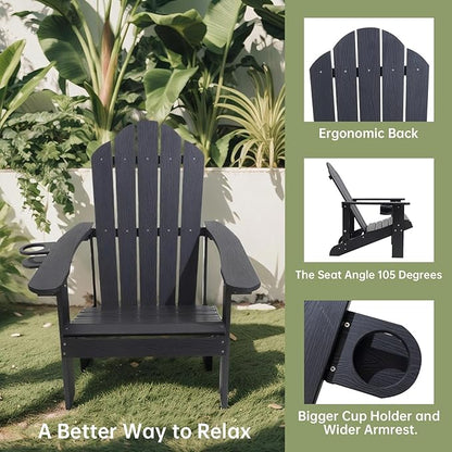 Adirondack Chair，All-Weather Can Used Patio Chair with Cup Holder，Sturdy Outdoor Lawn Chair，Easy Clean Surface and Anti-Tip Safety Features,Black