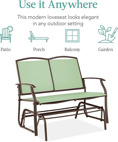 Best Choice Products 2-Person Outdoor Patio Swing Glider Steel Bench Loveseat Rocker for Deck, Porch w/Textilene Fabric, Steel Frame - Sage Green/Brown