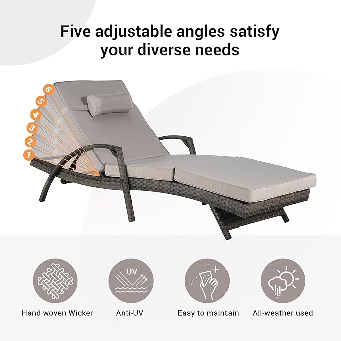 KEIKI Wicker Outdoor Chaise Lounge Chairs Set of 2 for Patio & Pool Side with 5-Level Adjustable Backrest and Cushions - Photo 4