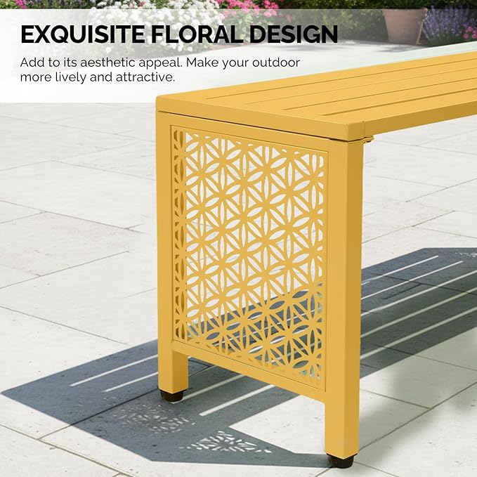 VINGLI 40in Outdoor Metal Bench, All-Weathe Backless Patio Bench with Slatted Seat＆Floral Side Panels - Photo 6