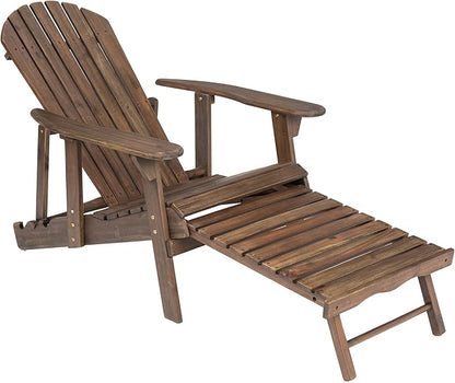 Merax Folding Adjustable Acacia Wood Adirondack Chairs, Water Proof with Retractable Ottoman Outdoor Wooden Lounge Reclining Chair for Garden, Patio, Gray