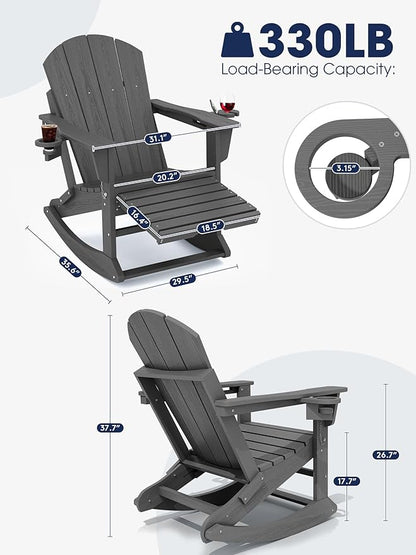 KINGYES Adirondack Rocking Chair Set of 4 with Retractable Ottoman and Cup Holders, HDPE Adirondack Rocker Patio Rocking Chair for Porch, Patio, Balcony, Leaden Grey