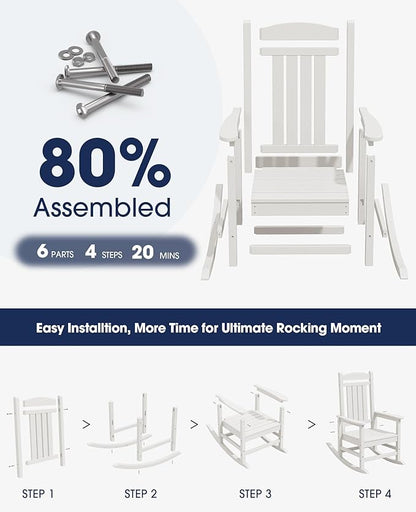 KINGYES HDPE Patio Rocking Chair Set of 4, Outdoor Rocking Chairs Porch Rocker for Adults, White