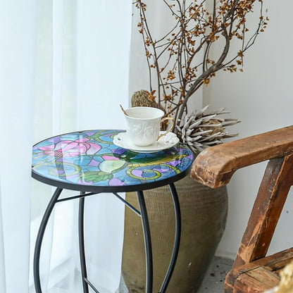 VCUTEKA Mosaic Patio Side Table Outdoor Accent Table Bistro Coffee Table Plant End Table Small Porch Table Indoor Round Glass Balcony Hummingbird Plant Table Stands