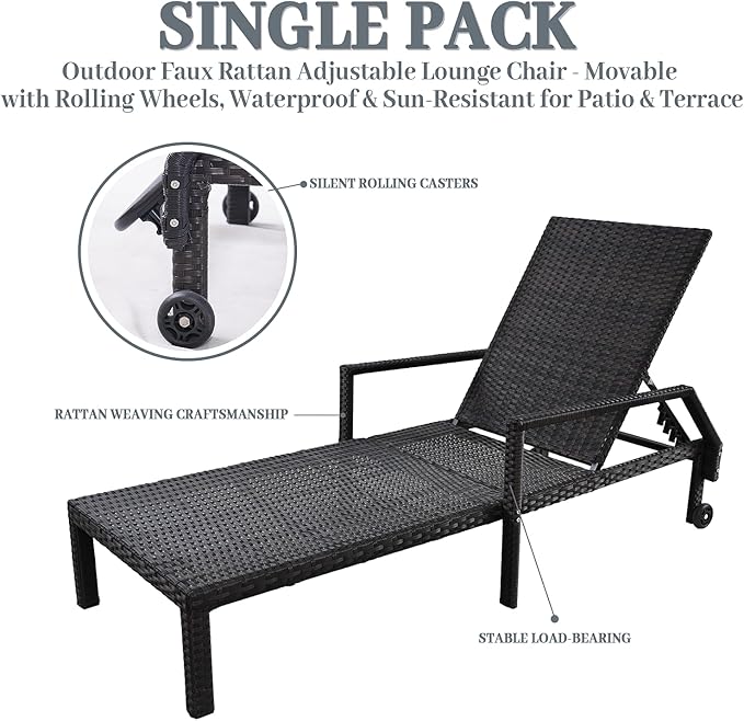 Outdoor Chaise Lounge Chair - Low-Maintenance, All-Weather Rattan Adjustable Recliner for Pool, Patio & Garden (1) - Photo 6