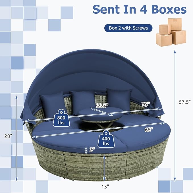 RELAX4LIFE Round Outdoor Daybed with Canopy, Rattan Wicker Sectional Sofa Set w/Cushions, Height Adjustable Table, Conversation Bed Lounger Separated Seating for Outside Pool, Patio Daybed (Navy)