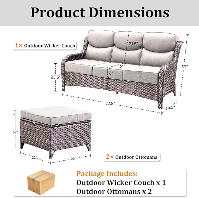 3 Pieces Patio Sofa Set with 6" Thick Cushions, High Back Wicker Sectional Outdoor Sofa with Ottomans - Photo 9