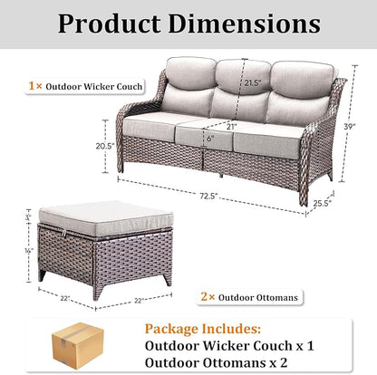 3 Pieces Patio Sofa Set with 6" Thick Cushions, High Back Wicker Sectional Outdoor Sofa with Ottomans, Outdoor Seating Furniture High Back Conversation Set for Balcony Deck Porch Backyard, Brown/Beige