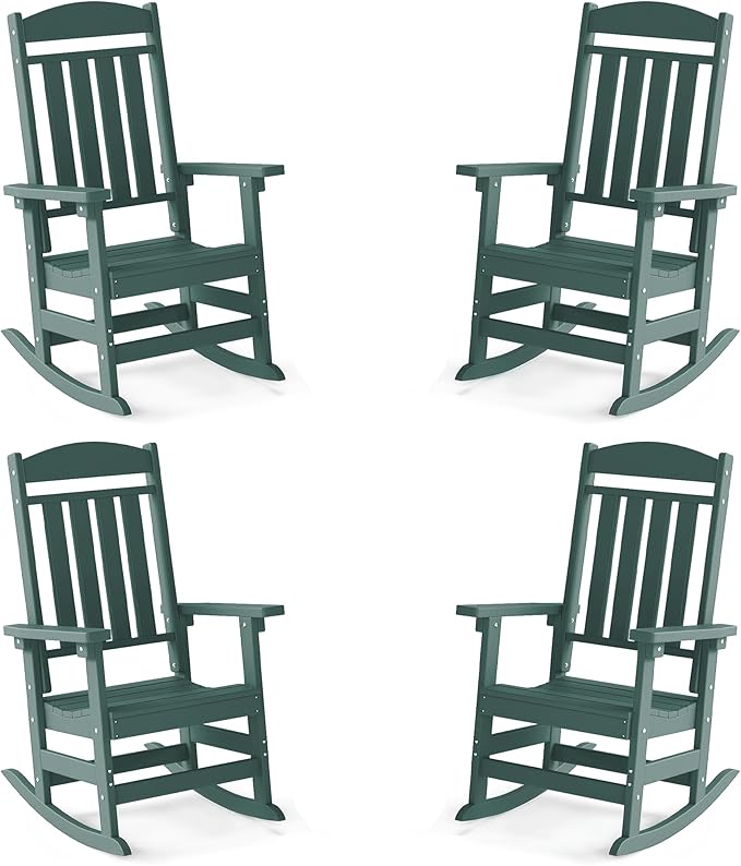 FOOWIN Outdoor Rocking Chair Set of 4, High Back Patio Rocking Chair, HDPE All Weather Resistant Porch Rocker for Adult, Oversized Rocking Chairs for Garden, Lawn, Indoor & Outdoor Use, Dark Green