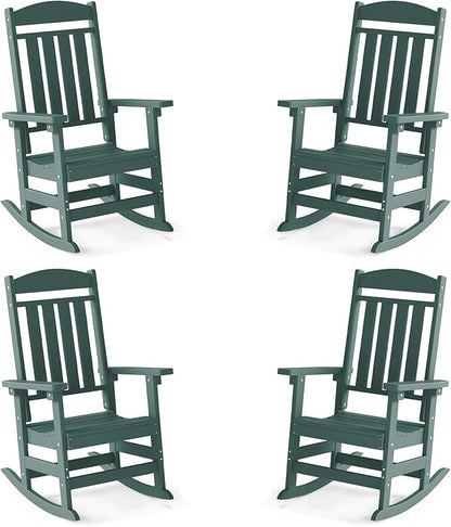 FOOWIN Outdoor Rocking Chair Set of 4, High Back Patio Rocking Chair, HDPE All Weather Resistant Porch Rocker for Adult, Oversized Rocking Chairs for Garden, Lawn, Indoor & Outdoor Use, Dark Green
