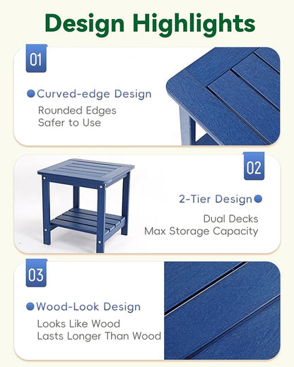 Kibaso-Adirondack Outdoor Side Table, 2-Tier HDPE Outdoor End Table, Weather Resistant Easy Maintenance, Small Patio Side Table for Patio, Pool, Porch, Garden, Lawn, and Living Room (1, Blue)