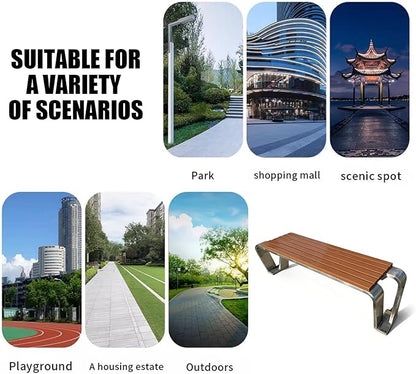 Outdoor Garden Bench, Metal Garden Bench, Stainless Steel and Wood-Look Finish, High Load Capacity, for Balcony, Pool, Lawn, Porch, Outside Brown 150cm/59.1in