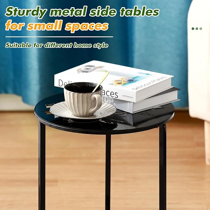 Party Zealot Set of 2 Small Round Metal Side Tables, 13-Inch Black Outdoor End Tables for Patio, Balcony, Porch or Garden – Weather-Resistant Corner Coffee Table for Small Spaces & Indoor Plant Stand