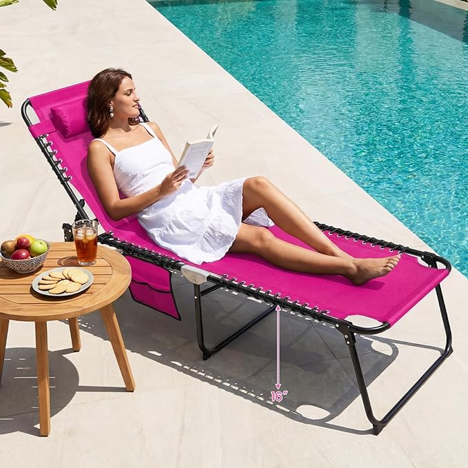 Goplus Folding Beach Lounge Chair w/Pillow for Patio Backyard Park Indoor and Outdoor, Adjustable 4-Level Backrest and 2-Level Footrest (Pink, 2 PCS Ordinary Size)