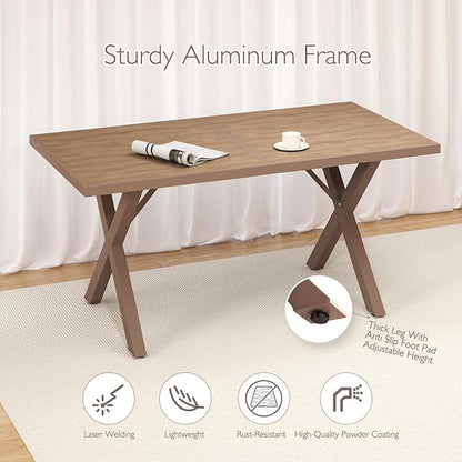 Aluminum Outdoor Dining Table - All-Weather Exposure, Waterproof and Rust-Proof Courtyard-Style Coffee Table Garden/Balcony/Poolside, Light Brown 1 Pcs
