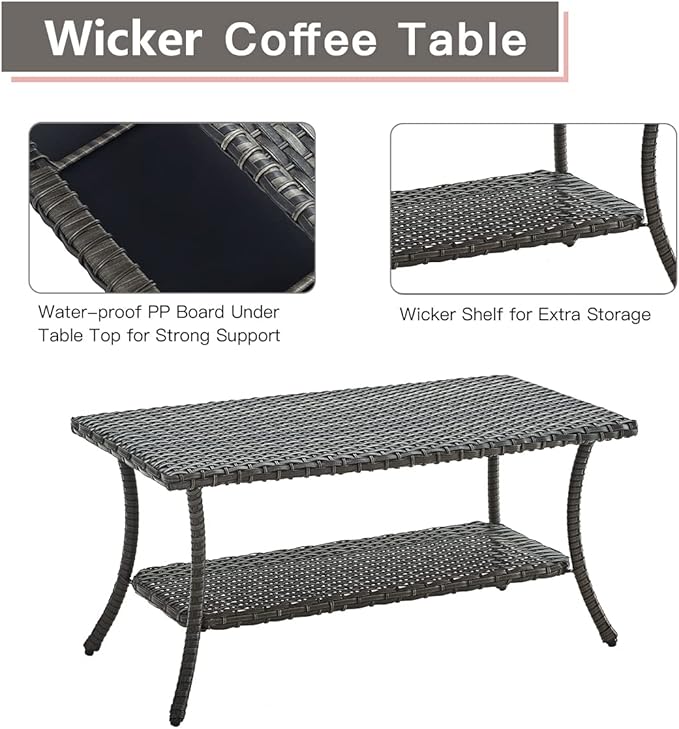 HUMMUH Wicker Patio Coffee Table,Rattan Outdoor Coffee Table with 2-Layer Storage Furniture Tables for Garden,Porch,Backyard (Grey)