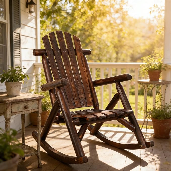Adirondack Rocking Chair, Solid Fir Wood Patio Rocker with Ergonomic Comfort for Porch, Patio, Garden, Backyard(Brown)