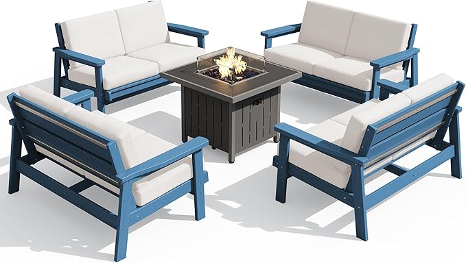 SERWALL Patio Furniture Set with 33” Fire Pit Table, HDPE Outdoor Sectional Sofa Set with Thickened Cushions - Photo 1
