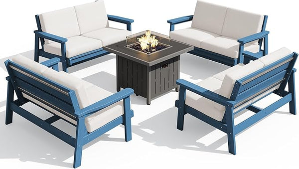 SERWALL Patio Furniture Set with 33” Fire Pit Table, HDPE Outdoor Sectional Sofa Set with Thickened Cushions - Photo 1