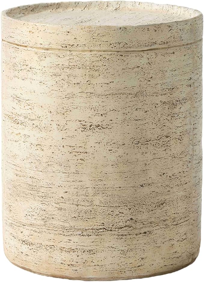 HOMPUS Round Outdoor Side Table, Rustic Modern Vintage Patio End Table, Weathered Stone Small Outdoor Accent for Indoor Outdoor Use, Patio, Garden, Cream