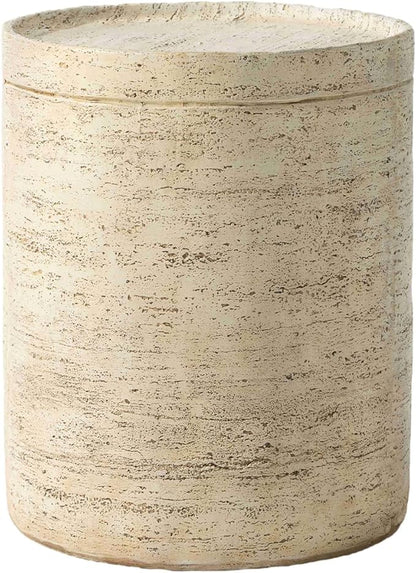 HOMPUS Round Outdoor Side Table, Rustic Modern Vintage Patio End Table, Weathered Stone Small Outdoor Accent for Indoor Outdoor Use, Patio, Garden, Cream