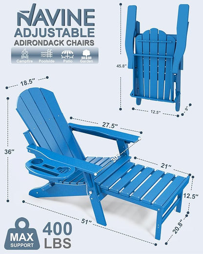 Adjustable Adirondack Chair with Retractable Ottoman Set of 2, HDPE Folding Adirondack Chair with Cup Holder, All Weather Fire Pit Chair for Outdoor,Pacific Blue