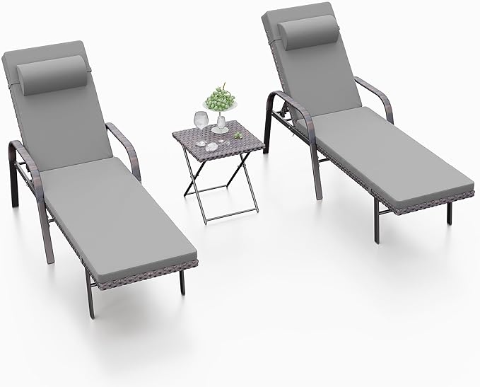 ALAULM 3 Pieces Outdoor Chaise Lounge Set Rattan Wicker Adjustable Pool Lounge Chair w/Folding Table,Patio Armrest Recliner for Beach, Poolside,Grey