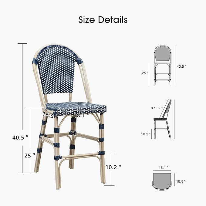 PURPLE LEAF French Counter Height Bar Stool Set of 2 25" White Print Finish Patio Bar Chairs with Back Rattan Bar - Photo 4