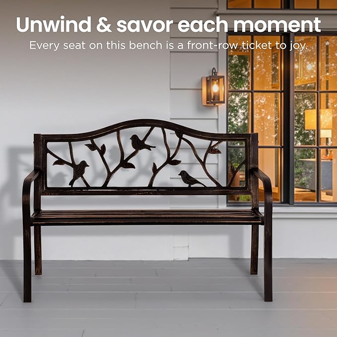 PHI VILLA Outdoor Garden Park Bench Patio 50" Metal Bench, Steel Frame Bench with Backrest and Armrests for Porch, Lawn - Photo 8