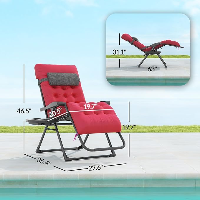 Outsunny Zero Gravity Chair, Folding Reclining Lounge Chair with Padded Cushion, Side Tray for Indoor and Outdoor, Supports up to 264 lbs, Red