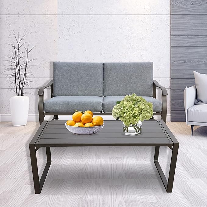 HomVent Outdoor Patio Furniture Love Seat and Coffee Table Set, Outdoor Bench Patio Loveseat Bench with Cushion and Metal Frame, Loveseat Furniture Set Sofa for Garden, Yard, Patio or Poolside (Gray)