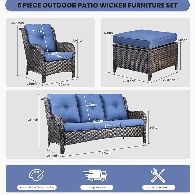 Belord Outdoor Wicker Furniture 5 Pieces Patio Furniture Sofa Set Patio Wicker Chairs with Ottomans Conversation Set - Photo 2