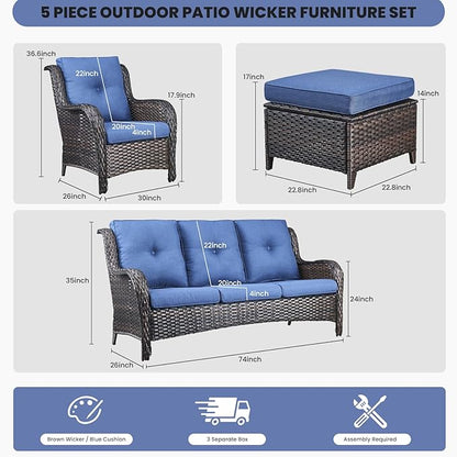 Belord Outdoor Wicker Furniture 5 Pieces Patio Furniture Sofa Set Patio Wicker Chairs with Ottomans Conversation Set for Porch Garden Deck Balcony Poolside