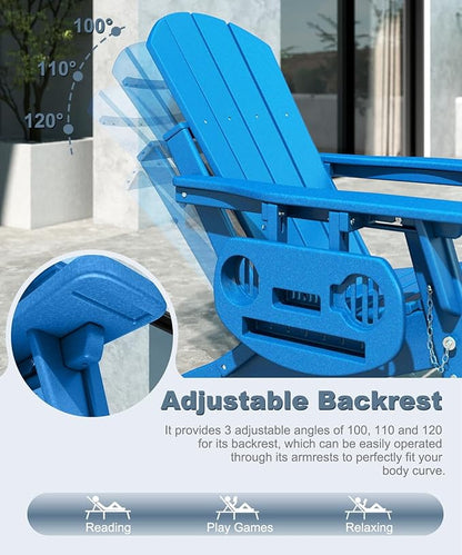 Adjustable Adirondack Chair with Retractable Ottoman Set of 4, HDPE Folding Adirondack Chair with Cup Holder, All Weather Fire Pit Chair for Outdoor.