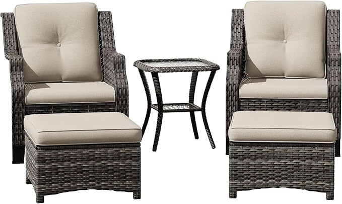 Wicker Patio Furniture Set - 5 Piece Rattan Outdoor Conversation Sets with 2 Wicker Patio Chairs,2 Ottomans, 1 Side Table for Garden, Backyard, Balcony and Deck