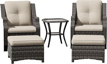 Wicker Patio Furniture Set - 5 Piece Rattan Outdoor Conversation Sets with 2 Wicker Patio Chairs,2 Ottomans, 1 Side Table for Garden, Backyard, Balcony and Deck