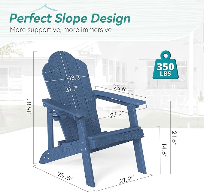 HDPE Adirondack Chairs Set of 2, Weather Resistant Outdoor Seating with Hidden Cup Holder for Porch, Poolside, Deck & Lake House, Blue