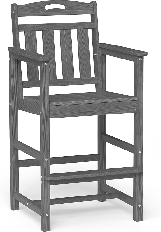Ciokea Heavy Duty Bar Height Chair, 380lbs Outdoor Adirondack Tall Bar Chair Patio Stool with Arms & High Back, Heavy Duty All-Weather for Balcony, Poolside, Deck and Garden, Grey