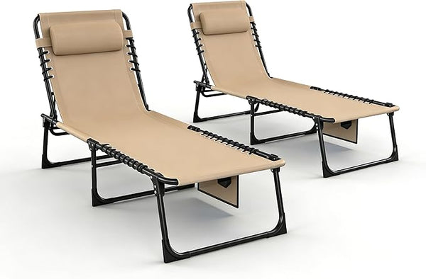 2 Pack Folding Chaise Lounge Chair 5-Position Adjustable Outdoor Recliner 400LB Capacity Portable Patio Camping Beach - Photo 1